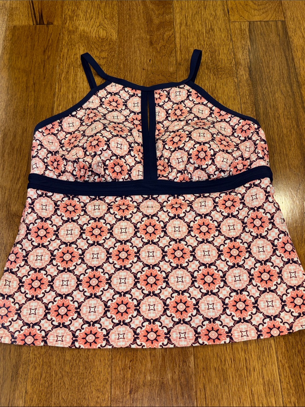 Lands' End Pink Patterned Halter Tankini Swimwear Top with Navy Trim